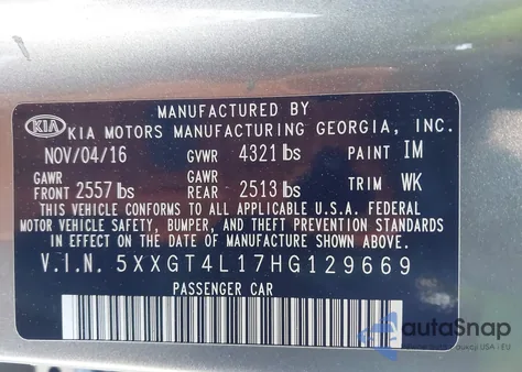 2017 Kia Optima Lx Turbo из США, поврежденный, VIN 5XXGT4L17HG129669